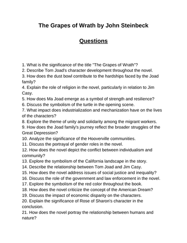 The Grapes of Wrath. 40 Reading Comprehension Questions (Editable)