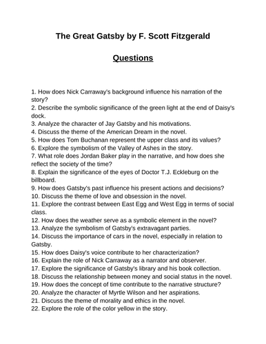 The Great Gatsby. 40 Reading Comprehension Questions (Editable)