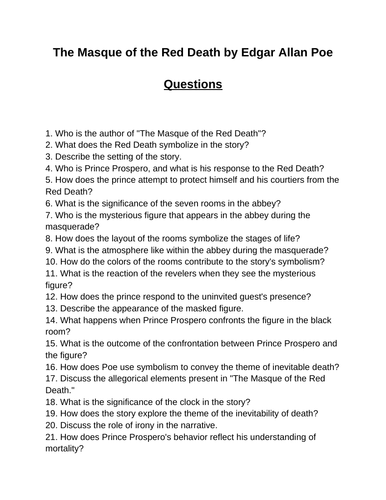 The Masque of the Red Death. 40 Reading Comprehension Questions (Editable)