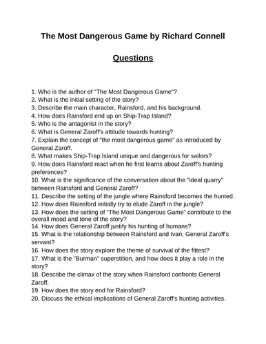 The Most Dangerous Game. Reading Comprehension Questions, Multiple-choice questions | Teaching ...