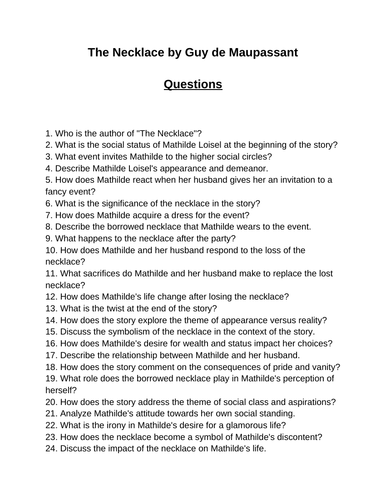 The Necklace Reading Comprehension Questions Multiple Choice Questions Teaching Resources