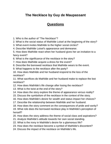 The Necklace. 40 Reading Comprehension Questions (Editable)