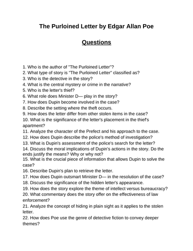 The Purloined Letter. Reading Comprehension Questions, Multiple-choice ...