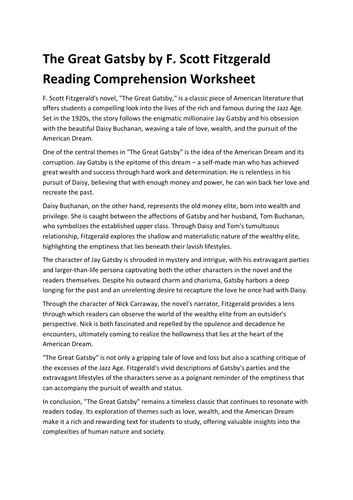 The Great Gatsby by F. Scott Fitzgerald Reading Comprehension Worksheet