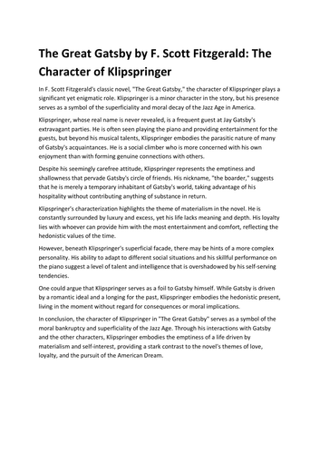 The Great Gatsby by F. Scott Fitzgerald: The Character of Klipspringer