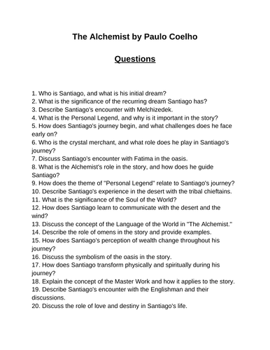 The Alchemist. 30 multiple-choice questions (Editable)