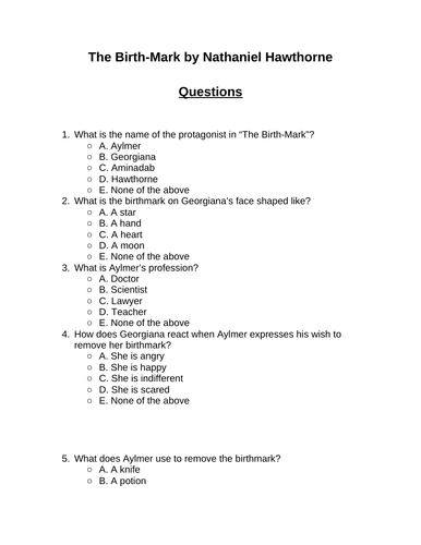 The Birth-Mark. 30 multiple-choice questions (Editable)