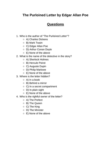 The Purloined Letter by Edgar Allan Poe. 30 multiple-choice questions (Editable)