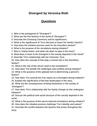 Divergent. 40 Reading Comprehension Questions (Editable)