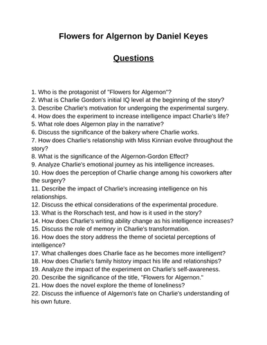 Flowers for Algernon. 40 Reading Comprehension Questions (Editable)