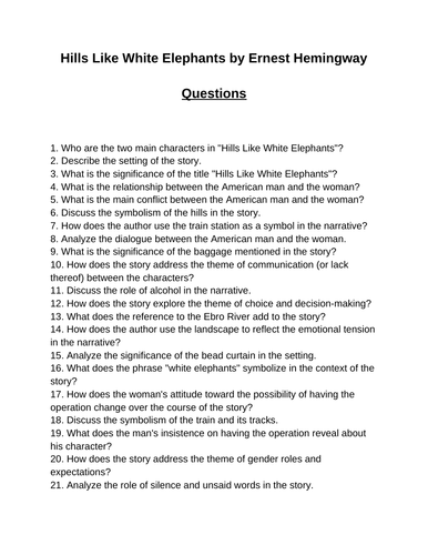 Hills Like White Elephants. 40 Reading Comprehension Questions (Editable)