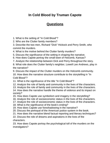 In Cold Blood. 40 Reading Comprehension Questions (Editable)
