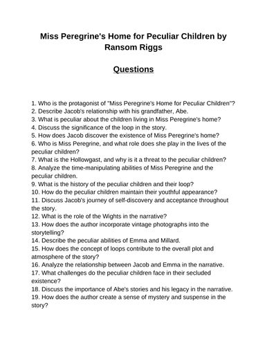 Miss Peregrine's Home for Peculiar Children. 40 Reading Comprehension Questions (Editable)