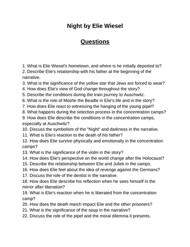 Night by Elie Wiesel. 40 Reading Comprehension Questions (Editable)