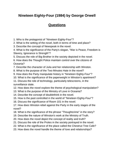 Nineteen Eighty-Four (1984). 40 Reading Comprehension Questions (Editable)