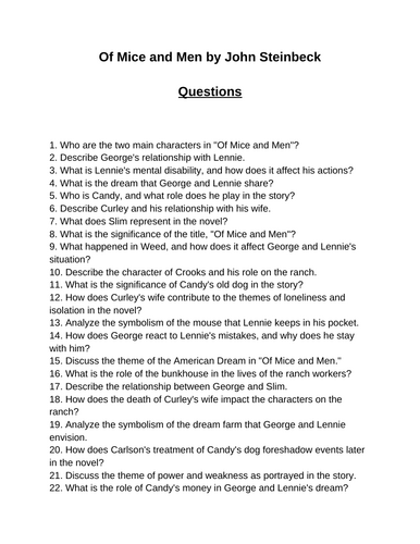 Of Mice and Men by John Steinbeck. 40 Reading Comprehension Questions (Editable)