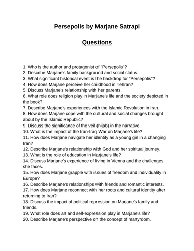 Persepolis. 40 Reading Comprehension Questions (Editable)