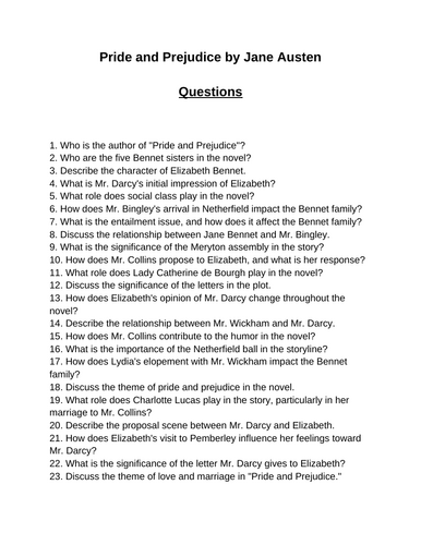 Pride and Prejudice. 40 Reading Comprehension Questions (Editable)