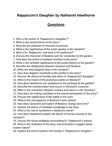 Rappaccini's Daughter. 40 Reading Comprehension Questions (Editable)
