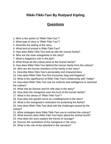 Rikki-Tikki-Tavi. 40 Reading Comprehension Questions (Editable)