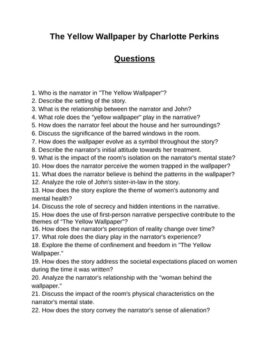 The Yellow Wallpaper. 40 Reading Comprehension Questions (Editable)