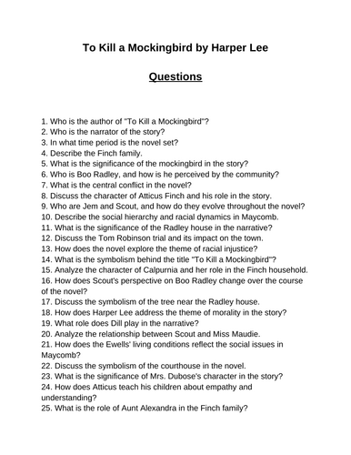 To Kill a Mockingbird. 40 Reading Comprehension Questions (Editable)
