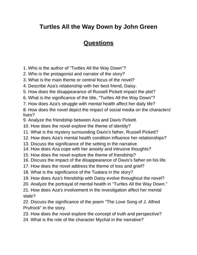 Turtles All the Way Down. 40 Reading Comprehension Questions (Editable)
