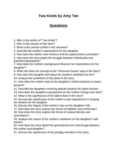 Two Kinds by Amy Tan. 40 Reading Comprehension Questions (Editable)