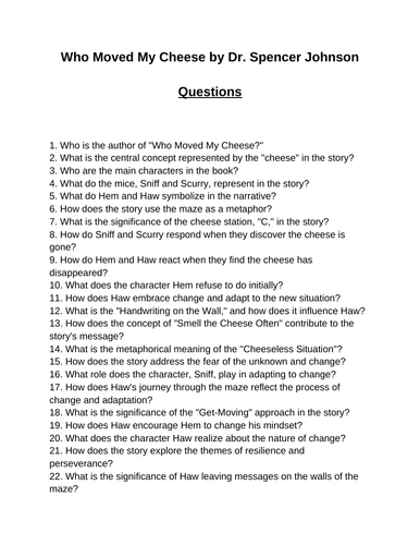 Who Moved My Cheese. 40 Reading Comprehension Questions (Editable)