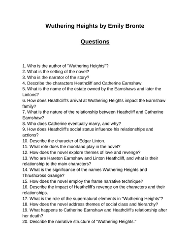 Wuthering Heights. 40 Reading Comprehension Questions (Editable)