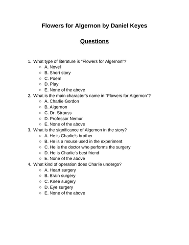 Flowers for Algernon. 30 multiple-choice questions (Editable)