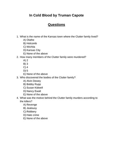 In Cold Blood. 30 multiple-choice questions (Editable)