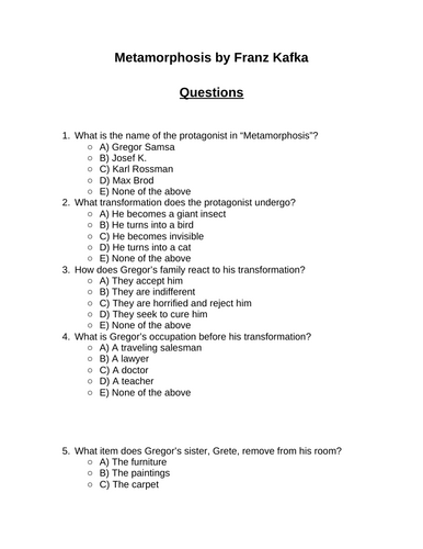 Metamorphosis. 30 multiple-choice questions (Editable)