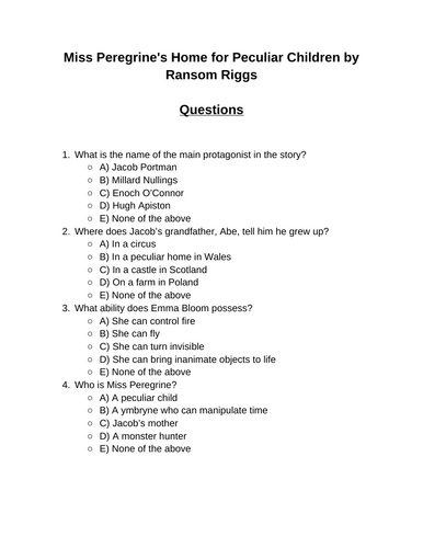 Miss Peregrine's Home for Peculiar Children. 30 multiple-choice questions (Editable)