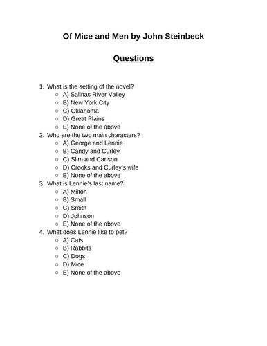 Of Mice and Men. 30 multiple-choice questions (Editable)