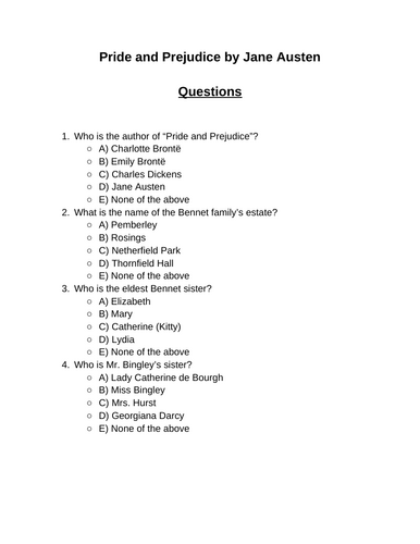 Pride and Prejudice. 30 multiple-choice questions (Editable)