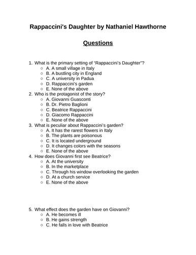 Rappaccini's Daughter. Reading Comprehension Questions, Multiple-choice ...