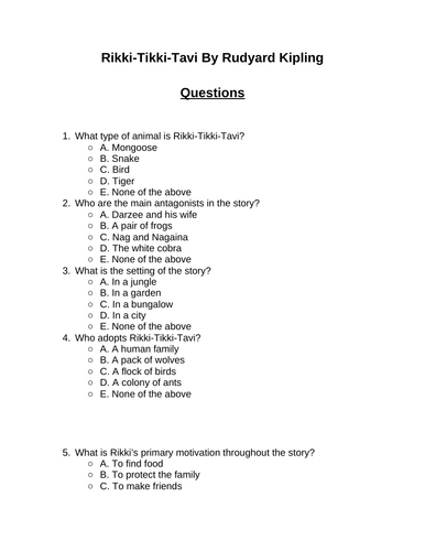 Rikki-Tikki-Tavi. 30 multiple-choice questions (Editable)