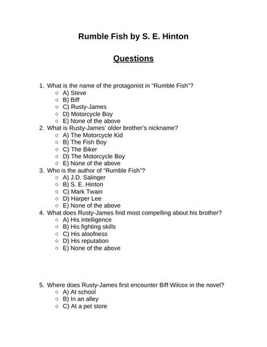 Rumble Fish. 30 multiple-choice questions (Editable)