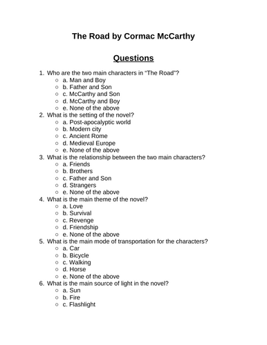 The Road. 30 multiple-choice questions (Editable)