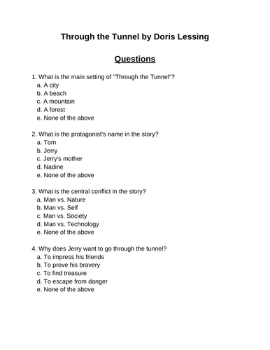 Through the Tunnel. 30 multiple-choice questions (Editable)