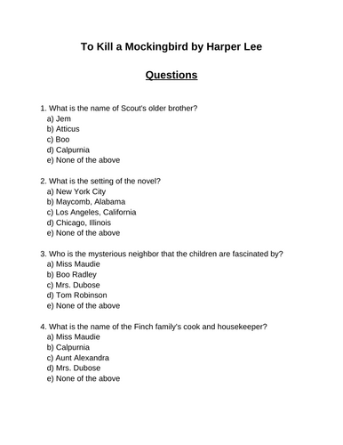 To Kill a Mockingbird. 30 multiple-choice questions (Editable)