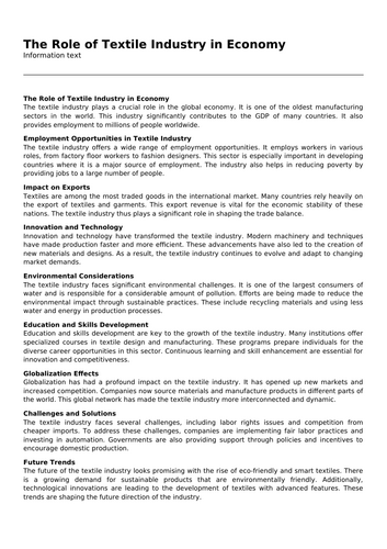 The Role of Textile Industry in Economy | Teaching Resources