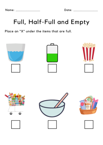 Printable Full, Half-Full and Empty worksheets for kindergarten ...