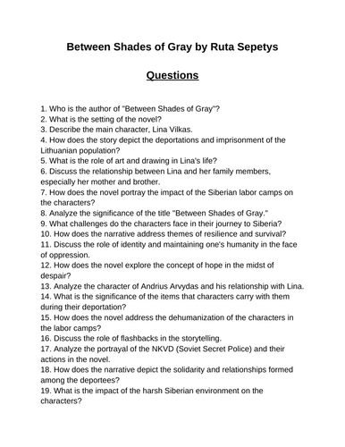 Between Shades of Gray. 40 Reading Comprehension Questions (Editable)
