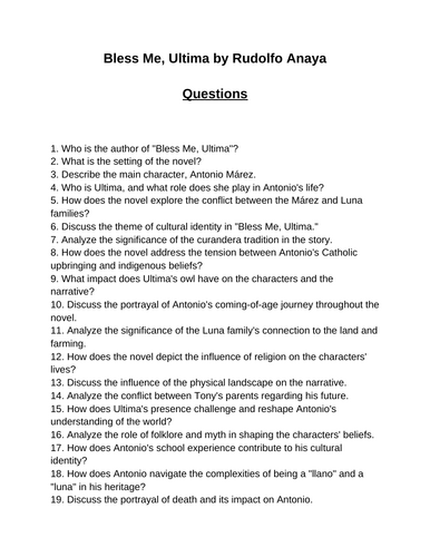 Bless Me, Ultima. 40 Reading Comprehension Questions (Editable)