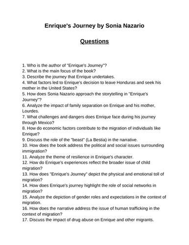 Enrique's Journey. 40 Reading Comprehension Questions (Editable)