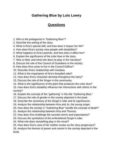 Gathering Blue. 40 Reading Comprehension Questions (Editable)