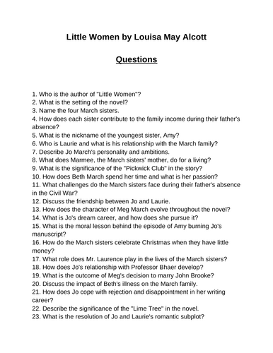 Little Women Reading Comprehension Questions Multiple Choice Questions Teaching Resources