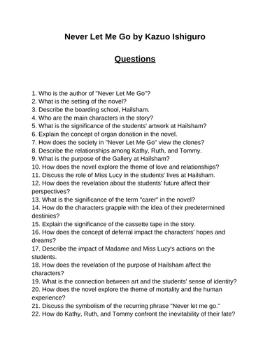 Never Let Me Go. 40 Reading Comprehension Questions (Editable)